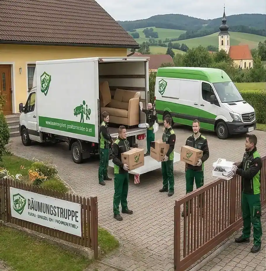 Räumungstruppe bei der Hausentrümpelung mit Fahrzeugen in Österreich